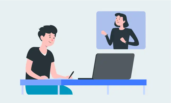 ノートパソコンを使って講師とオンラインレッスンを受けている様子