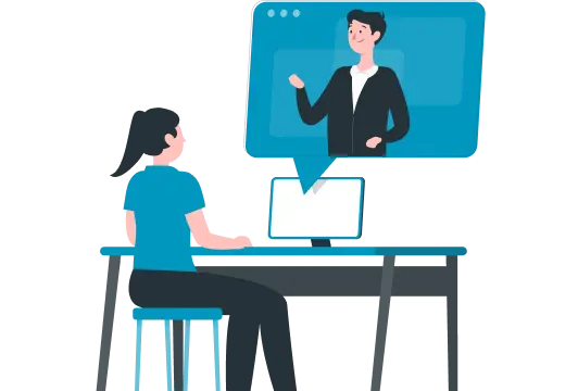 パソコンでオンライン講義を受けている女性のイラスト