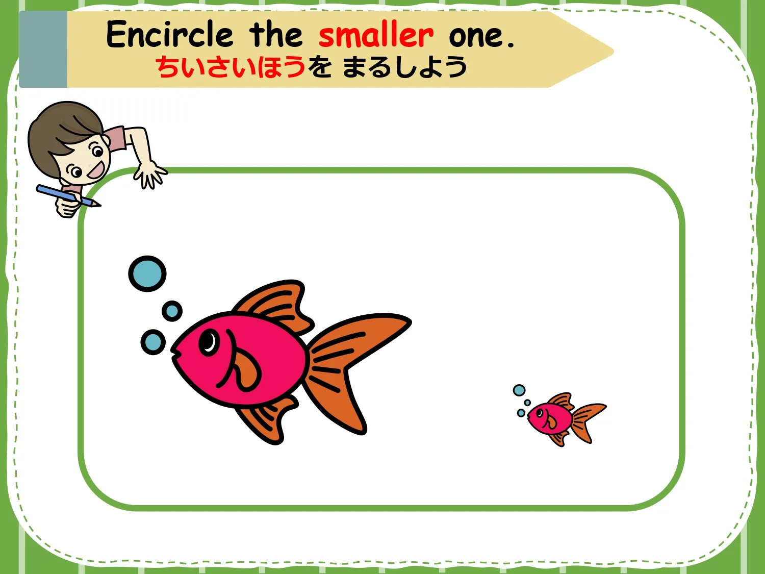 「ちいさいほうをまるしよう」金魚の大小を比べるアクティビティ