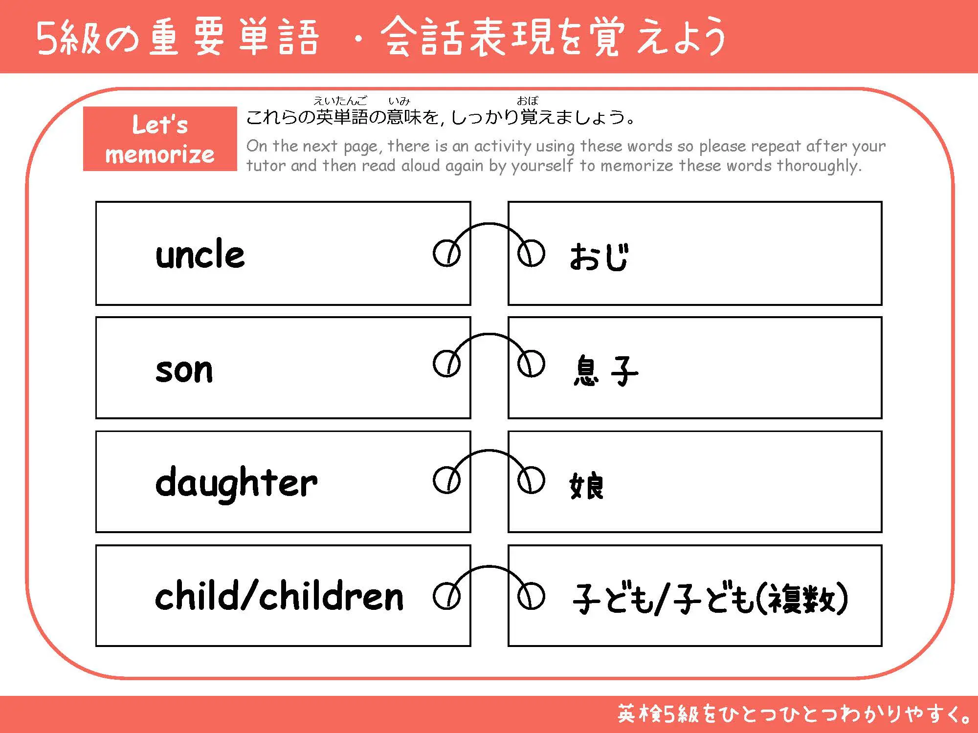 5級の重要単語 uncle/son/daughter/childrenの暗記