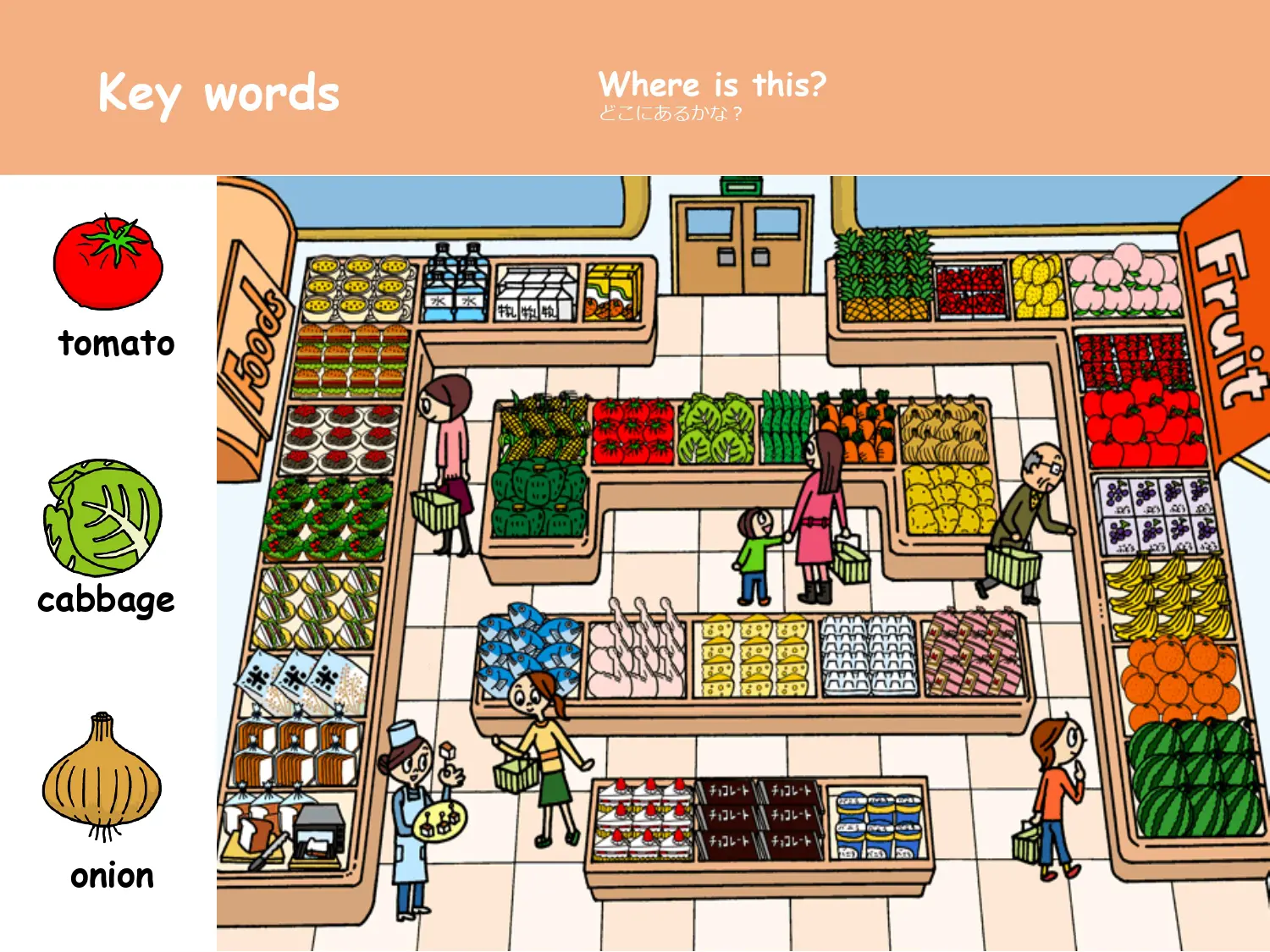 どこにあるかな？ スーパーでtomato・cabbage・onion探し
