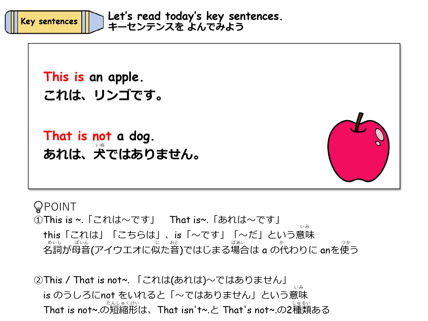 This is an apple. など this と that の基本例文を学ぶキーフレーズ画面
