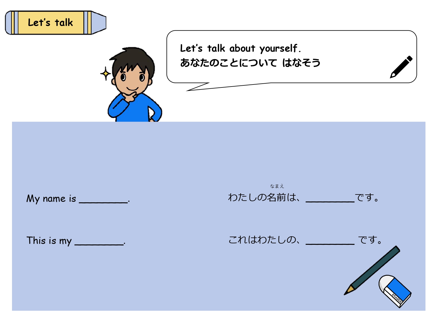 My name is と This is my を使って自分のことを話すスモールトーク画面