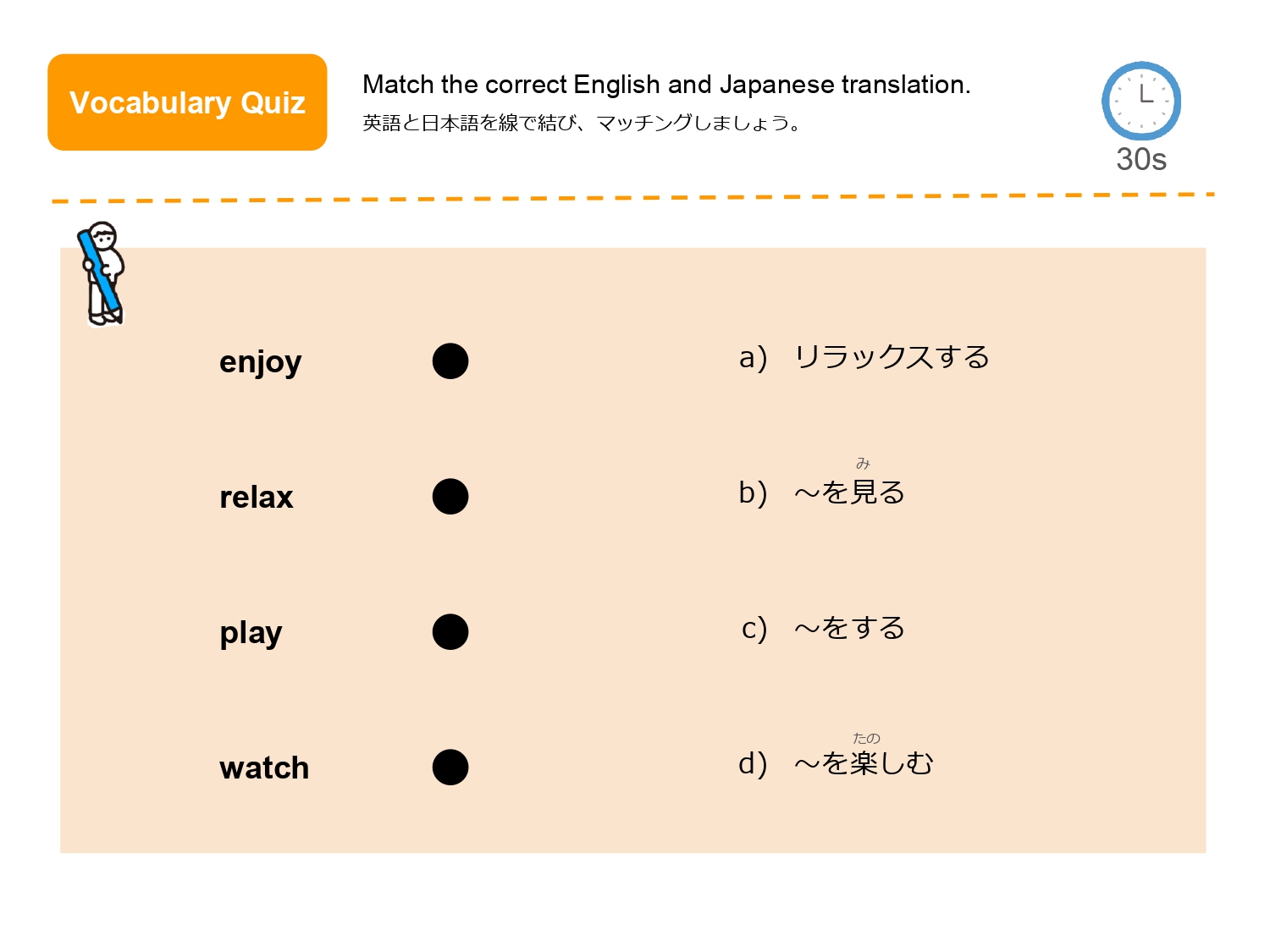enjoy、relax、play、watch を日本語と線で結ぶ語彙マッチング問題画面