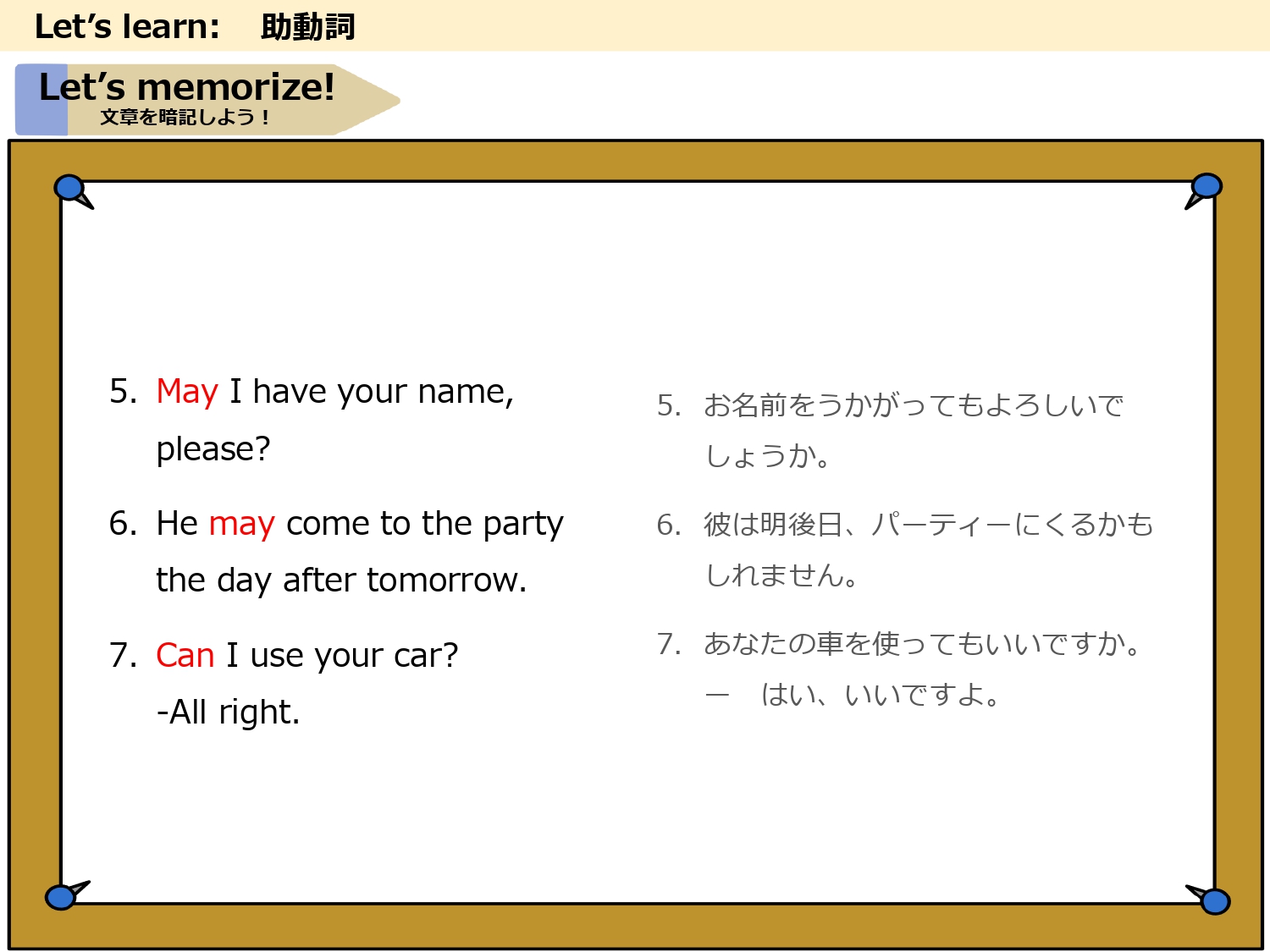 can の例文5から7を追加で暗唱する助動詞の暗記練習画面