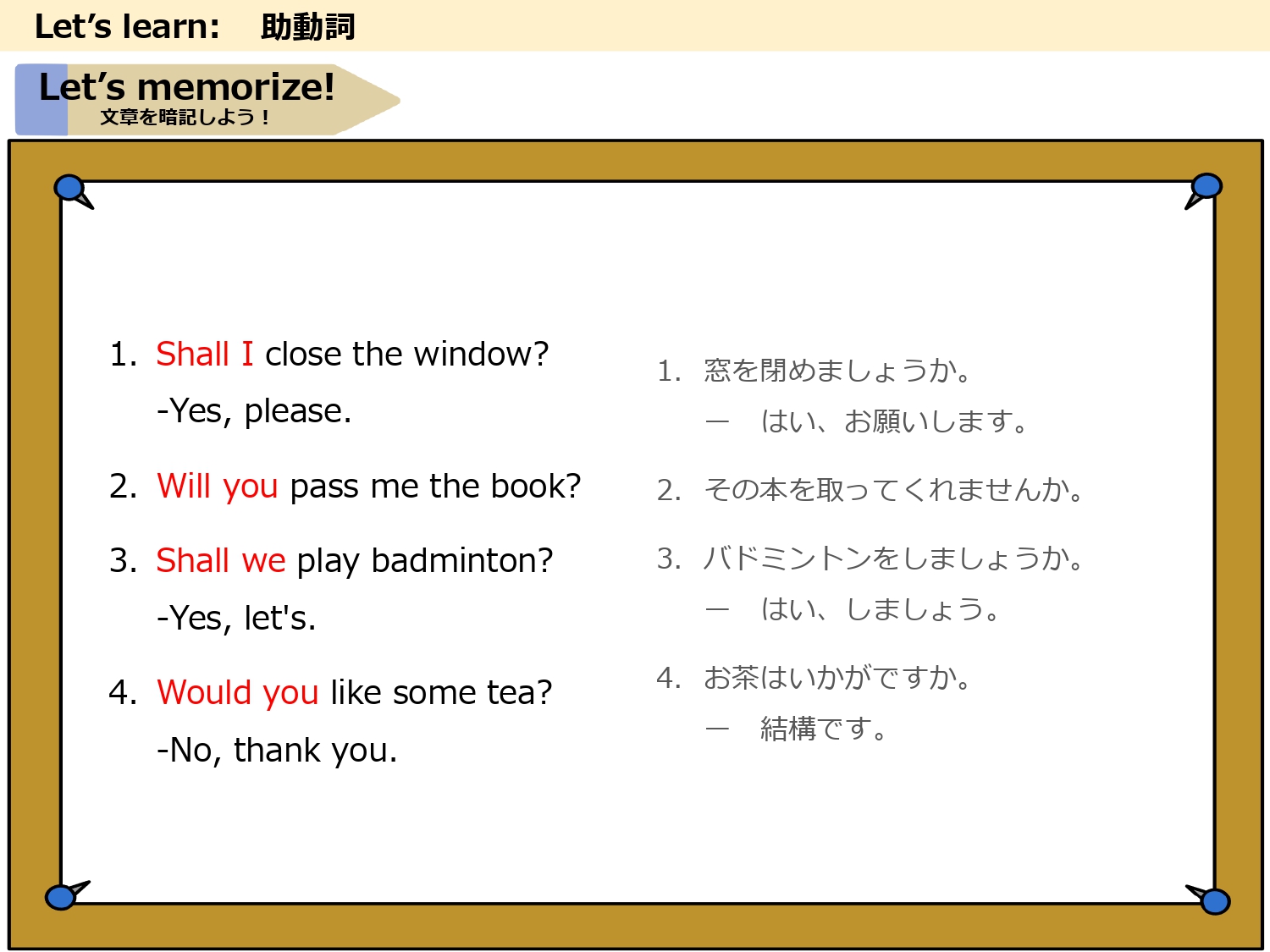 shall と would you like を使った依頼や提案の例文を覚える画面