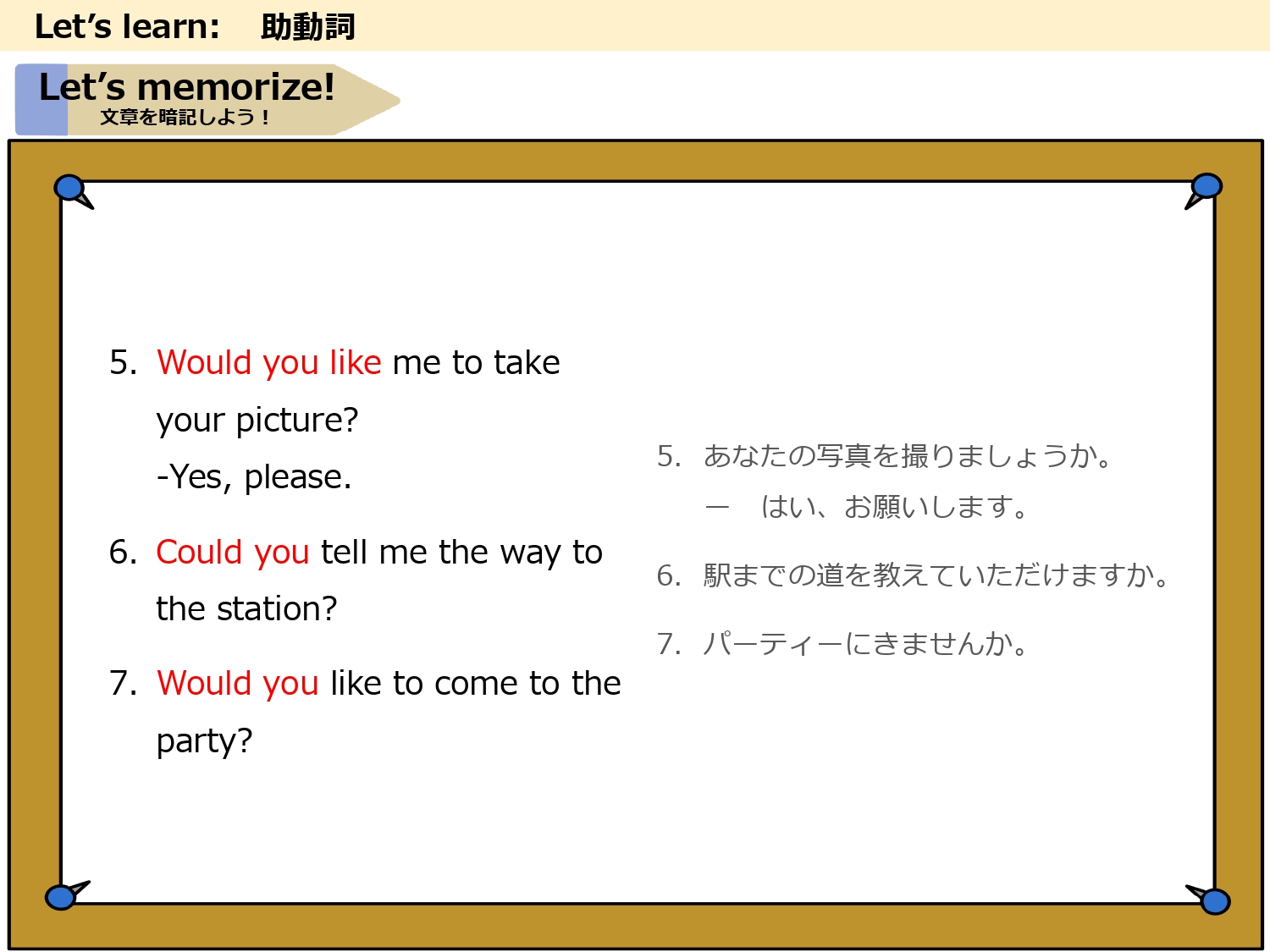 would you like me to や could you を使った例文5から7を覚える画面