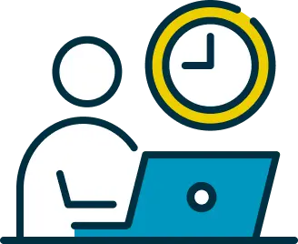 時計とノートパソコンで学習をしている人のイラスト