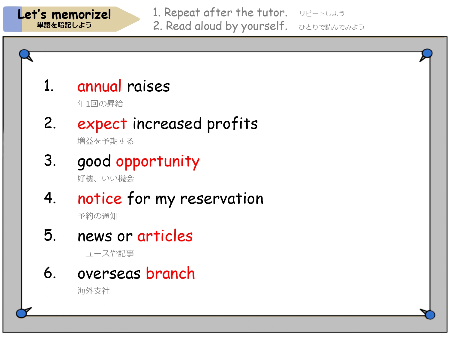 annual raises や increased profits など単語を含むフレーズを覚える画面