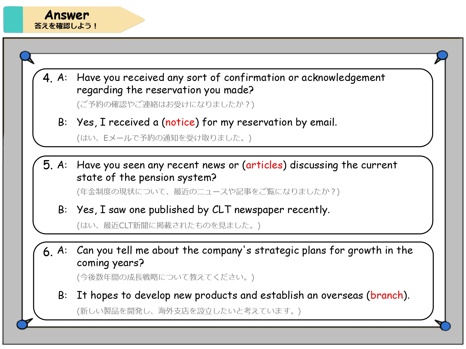 notice、articles、branch を入れて会話を完成させる解答画面