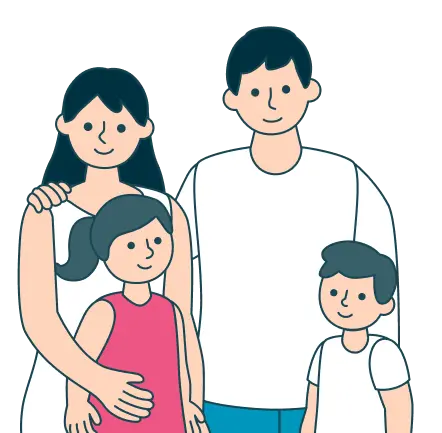 笑顔の両親と2人の子どもが並んだ親子のイラスト